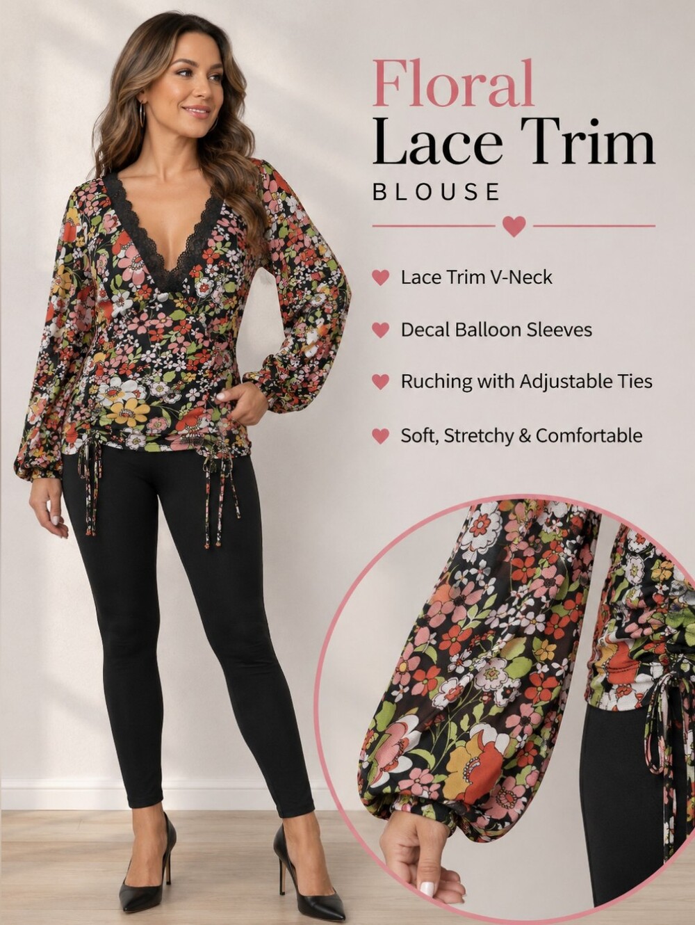 Willow & Root - Black Floral Lace-Trim V-Neck Blouse